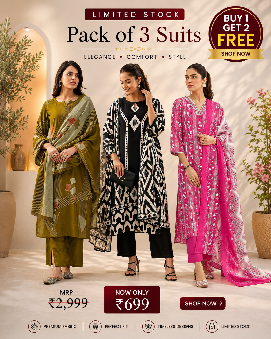 Women's Premium Traditional 3 Piece Kurta Suit Set
