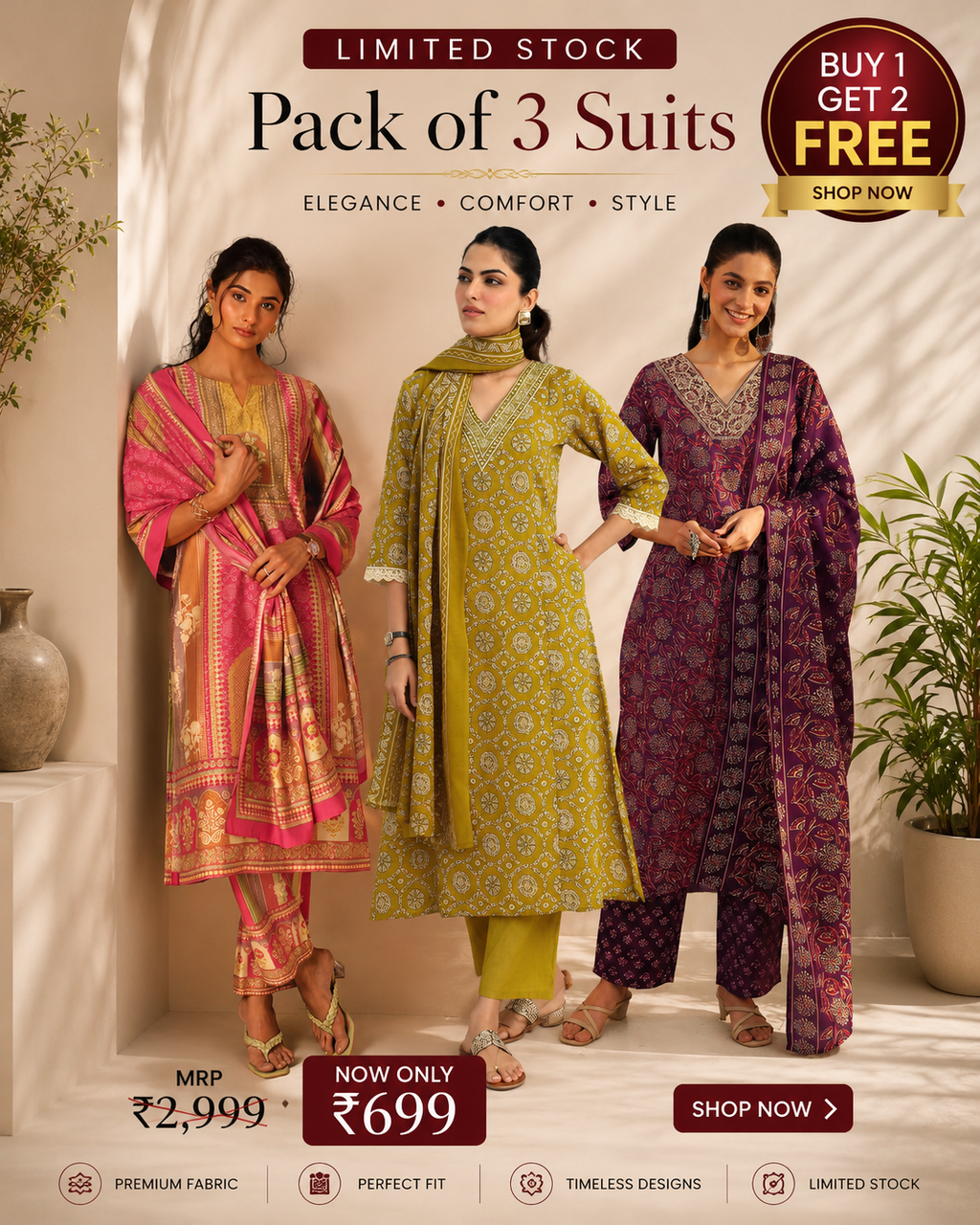 Elegant Ethnic Wear 3 Piece Suit Set for Women