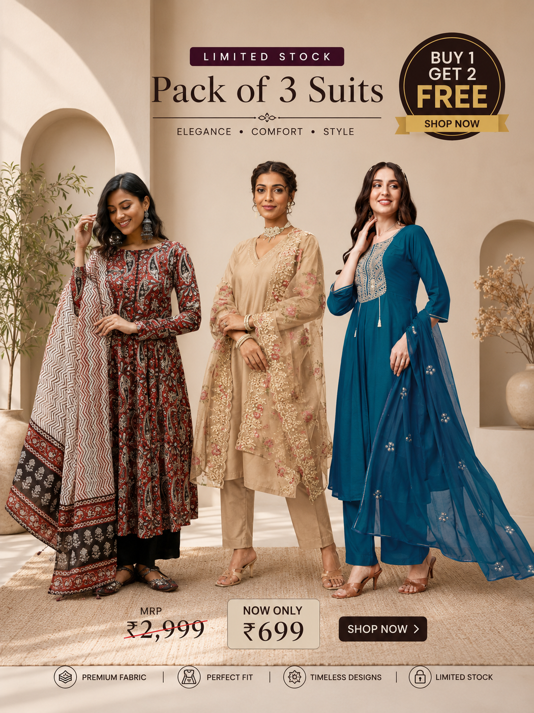 Elegant Ethnic Wear 3 Piece Suit Set for Women