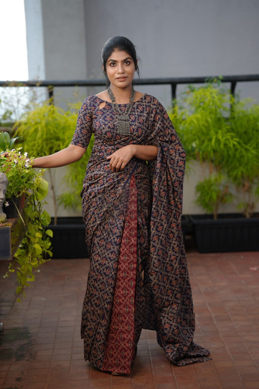 Admirable 1 Minute Ready To Wear Navy Blue Mul Cotton Digital Printed Saree With Pocket