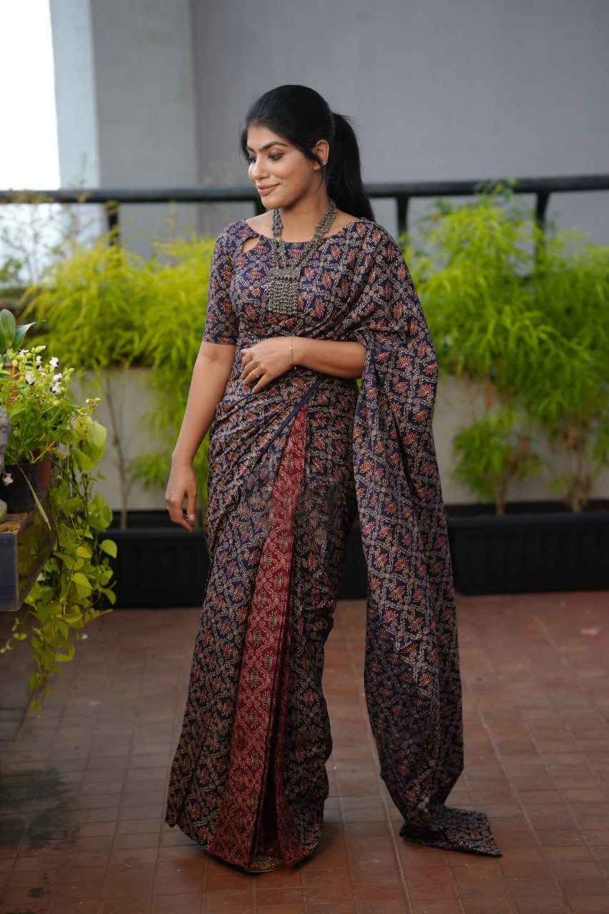 Admirable 1 Minute Ready To Wear Navy Blue Mul Cotton Digital Printed Saree With Pocket