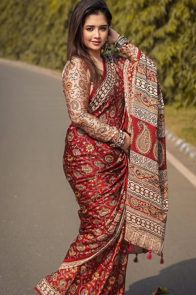 Moiety Red 1 Minute Ready To Wear Digital Printed Crape Silk Saree