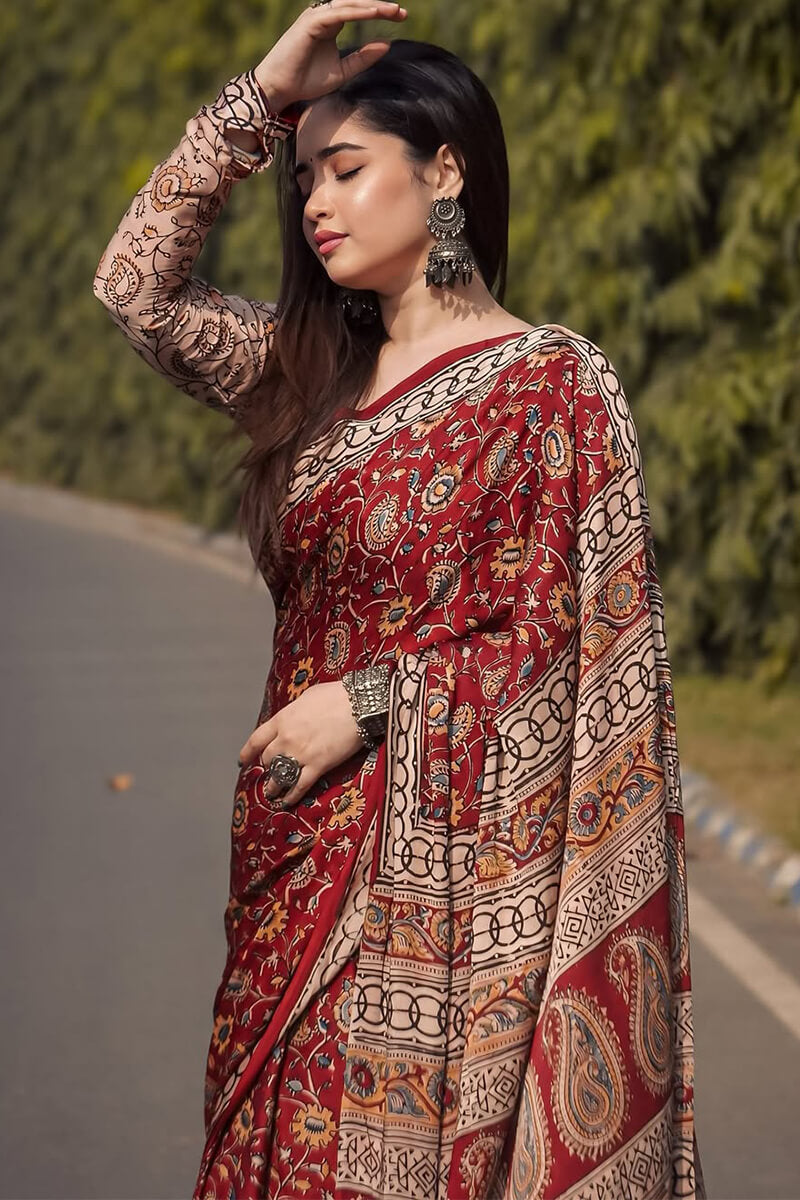 Moiety Red 1 Minute Ready To Wear Digital Printed Crape Silk Saree