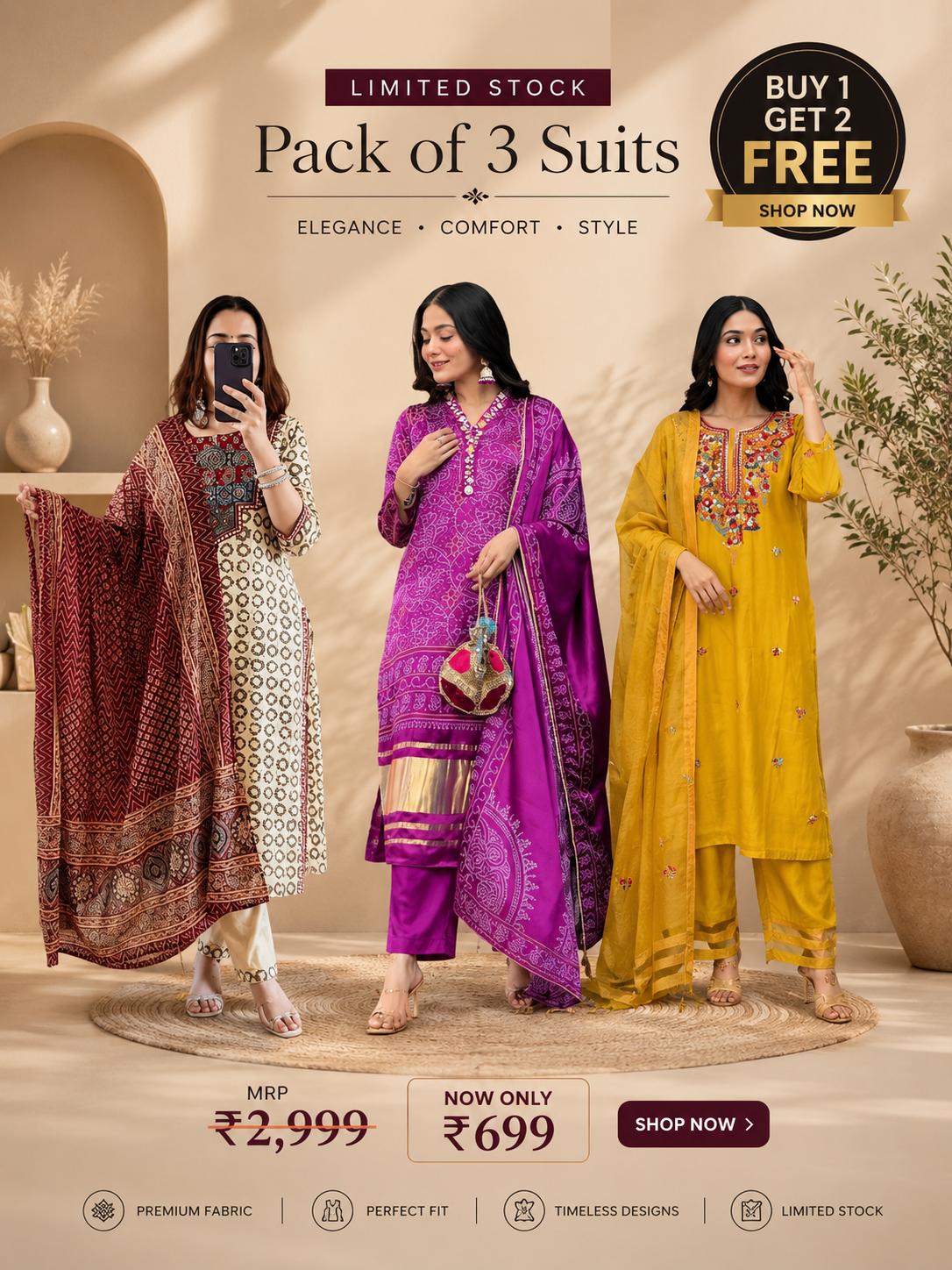 Premium Cotton Blend 3 Piece Ethnic Suit Set for Women
